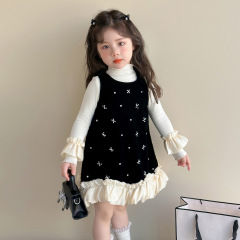 女童秋季钉珠丝绒裙套装2025新款韩版幼儿园宝宝公主背心裙两件套