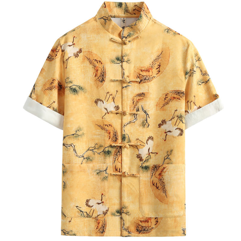 Crane Print Tang Suit Men's Summer New National Trend Shirt Men's Chinese Style Button Top Yellow Jacket Men