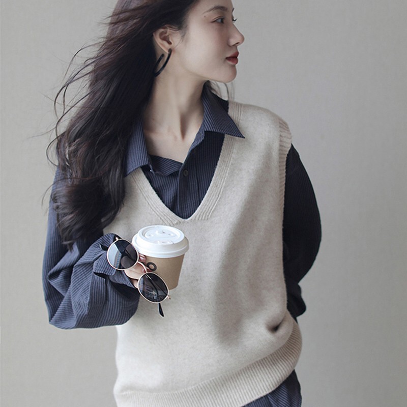 100 pure wool stacked Vest Women's V-neck thickened cashmere sleeveless bottoming sweater all-match pullover waistcoat