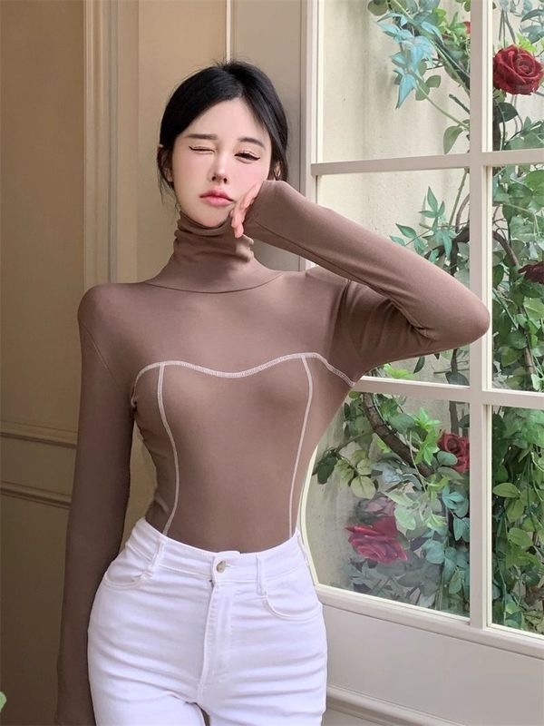 纯欲高领设计感薄绒百搭长袖T恤女秋季辣妹显瘦短款打底衫上衣ins|undefined