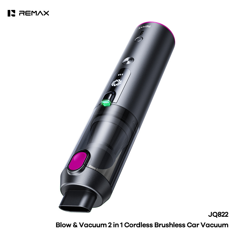 REMAX Rui Liang car-mounted, cordless, brushless vacuum cleaner with integrated blowing and suction functions, featuring a built-in light and long battery life for convenient portability