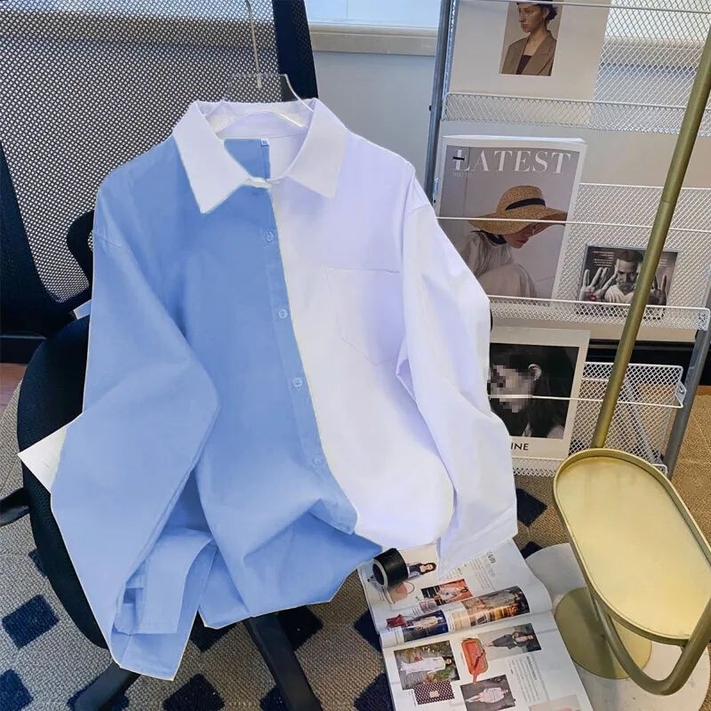 春の婦人服の色合わせのシャツの女性の長袖の韓国版のゆったりしている中の長いタイプは色の上着のデザイン感の学院の風の上着にぶつかります。|undefined