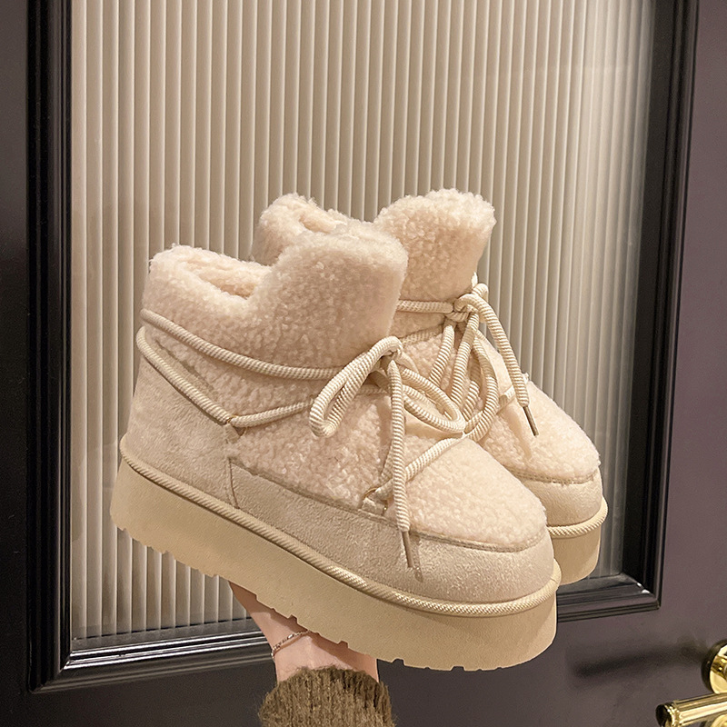 厚底交叉绑带2025秋冬新款时尚加绒加厚保暖短筒一脚蹬松紧雪地靴