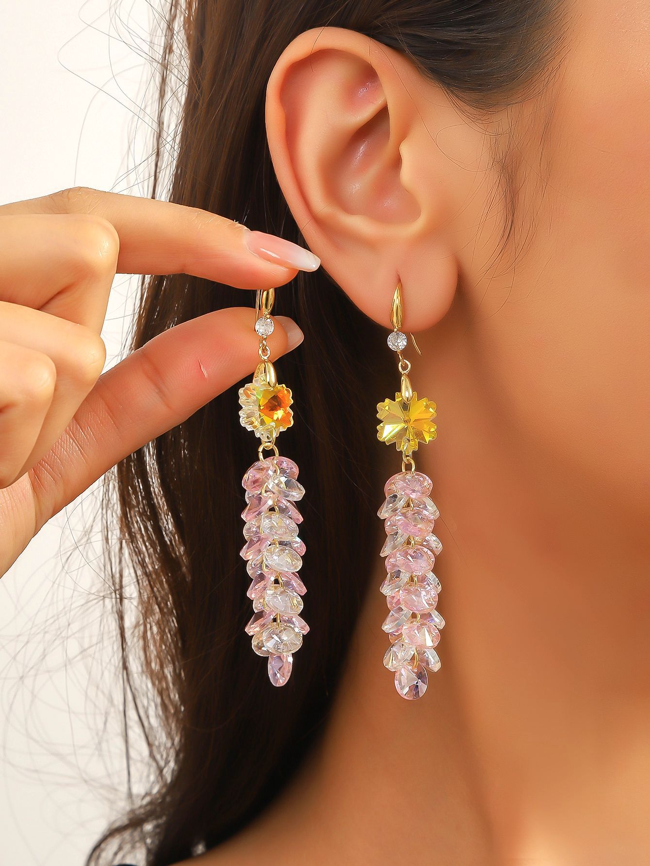 Geometric, Star, Heart Shape Pattern 1 Pair Elegant Geometric Star Heart Shape Artificial Crystal Drop Earrings