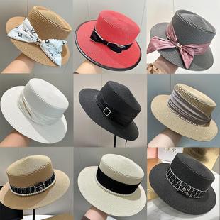 Hat Women's Flat Top British Fresh Straw Hat Summer Travel Beach Hat Seaside Sunshade Sun Hat Top Hat
