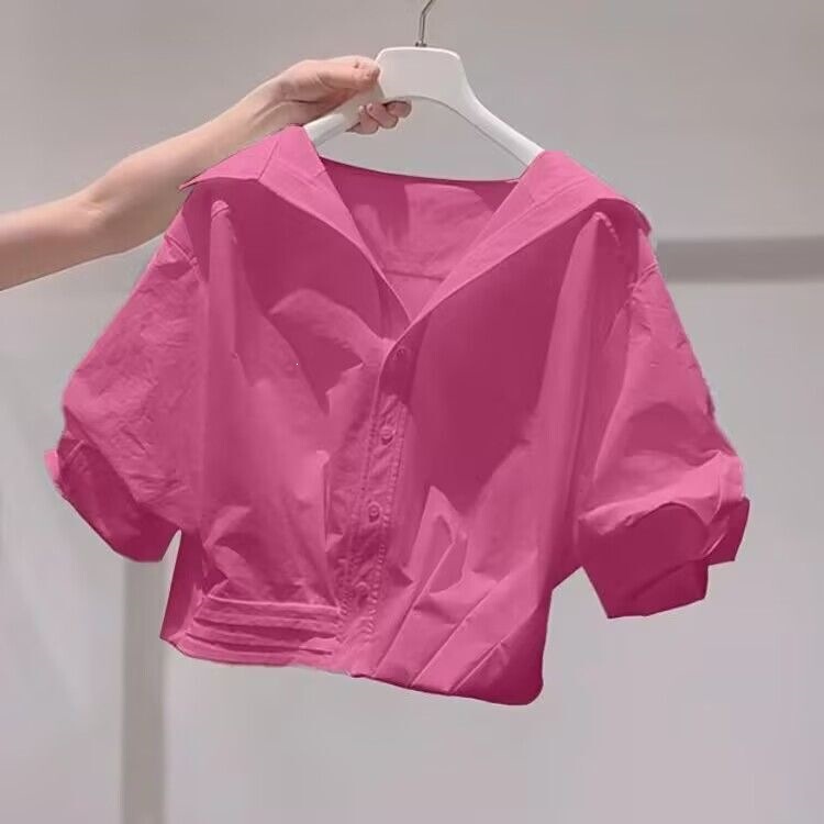 Super Stylish Raspberry Pink Collared Puff Sleeve Shirt for Women, Summer Hot Trend, Instagram Style, Loose Dopamine Short Shirt Super Stylish Raspberry Pink Collared Puff Sleeve Shirt for Women, Summer Hot Trend, Instagram Style, Loose Dopamine Short Shirt