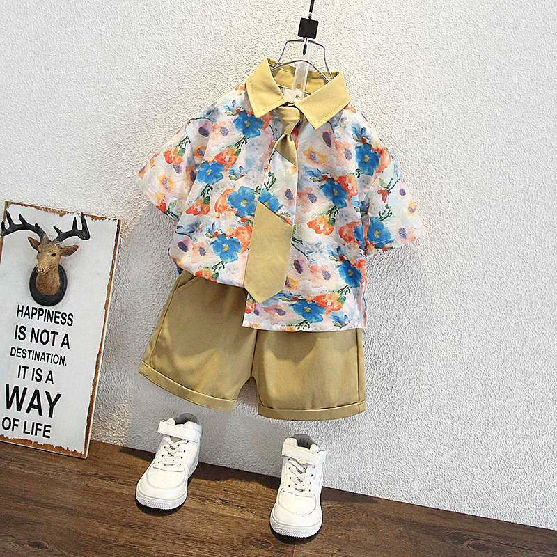 8129 Traje de camisa de manga corta para niños Estilo de verano Estilo de Hong Kong Traje de corbata para niños Camisa de dos piezas Bebé 2025 Verano