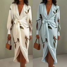 印花连衣裙女外贸秋冬新款时尚系带深v领长袖中长款裙子