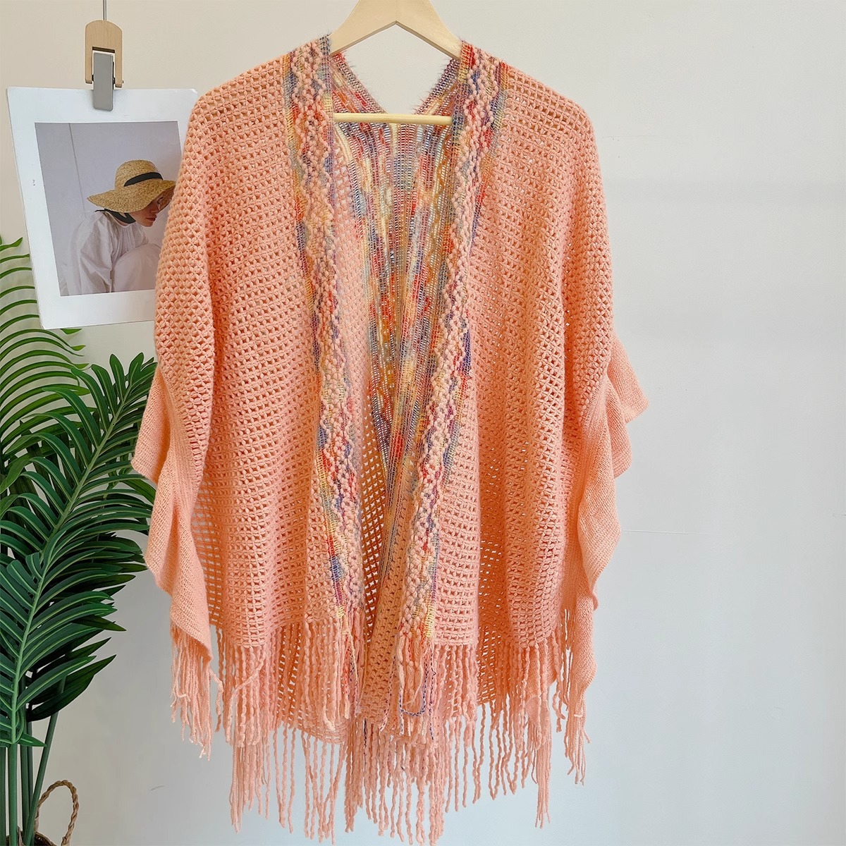 Nuevo chal de mujer, tiras de color, suéter de punto, foto de viaje, capa étnica de todo fósforo, capa de todo fósforo, viaje