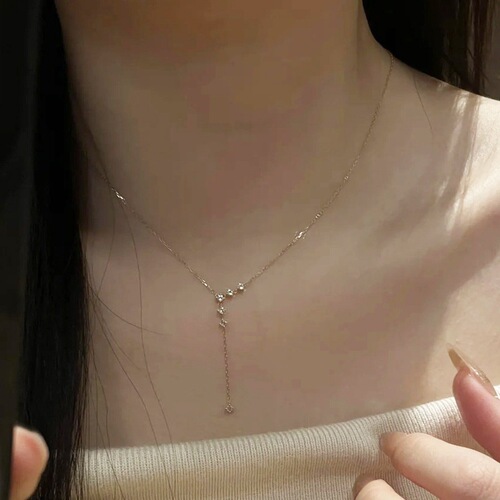 Chic Cold Moonlight Flash Diamond Sapphires Y-Shape Tassel Necklace for Women Korean Version Unique Instagram Simple Elegant Versatile Clavicle Chain