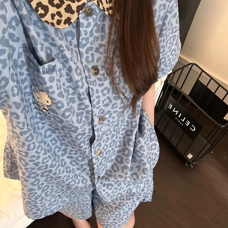 キティブルーヒョウ柄テンセルコットンパジャマ女性用夏半袖ショーツガーリーウェアラブルホーム服セットブラウン|undefined
