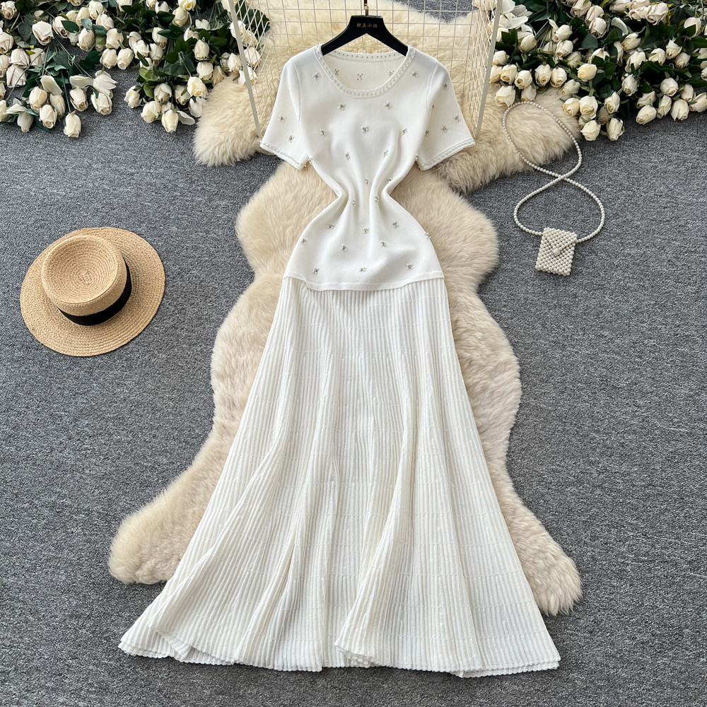 Women's French Style Beaded Short Sleeved Dress Summer Gentle Feminine High Waisted A-Line Skirt Slimming Flattering for Commuting_ecoleips.com