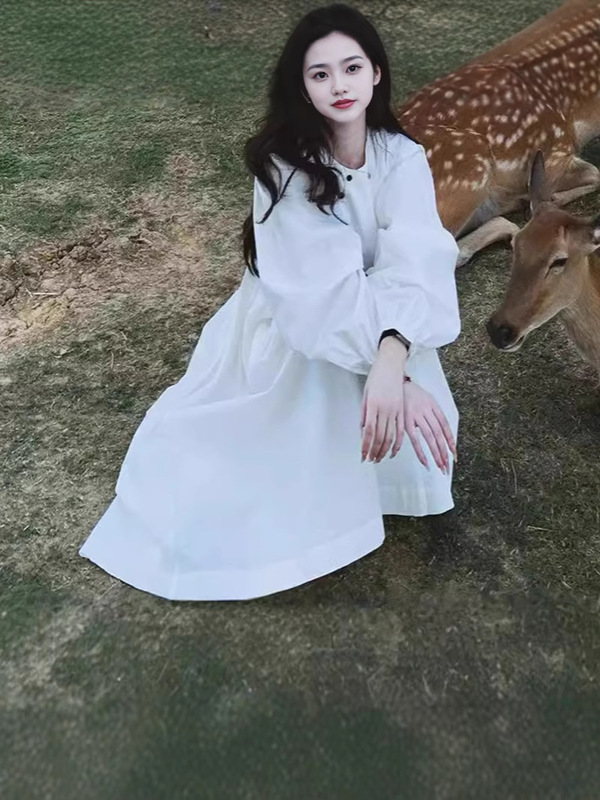 法式茶歇白色收腰长袖连衣裙女秋季 高级感气质显瘦长裙子 25新款|undefined