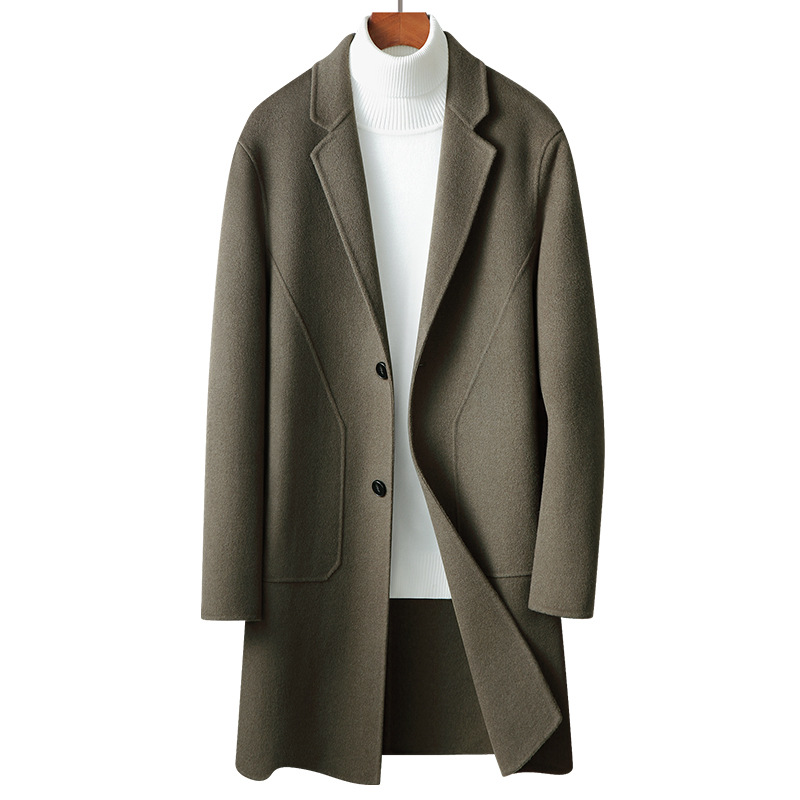 Abrigo de los hombres 2023 primavera y otoño hecho a mano abrigo de lana de doble cara para personas jóvenes y de mediana edad de color sólido casual abrigo de lana de longitud media