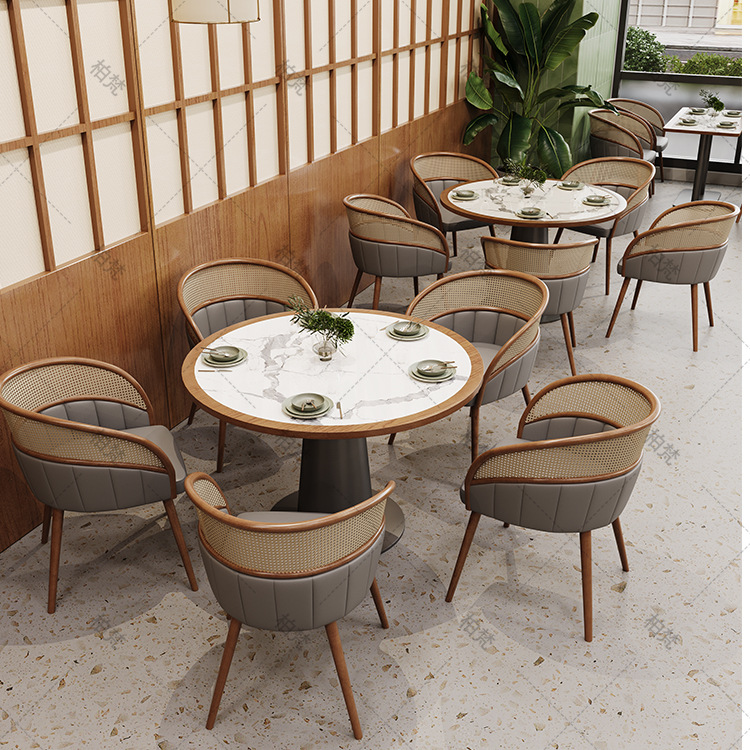 Sillas de comedor de madera maciza de caña de cera retro madera envolvida tabla de roca mesa de comedor de lino hotel sala de desayuno mesa de comedor sillas