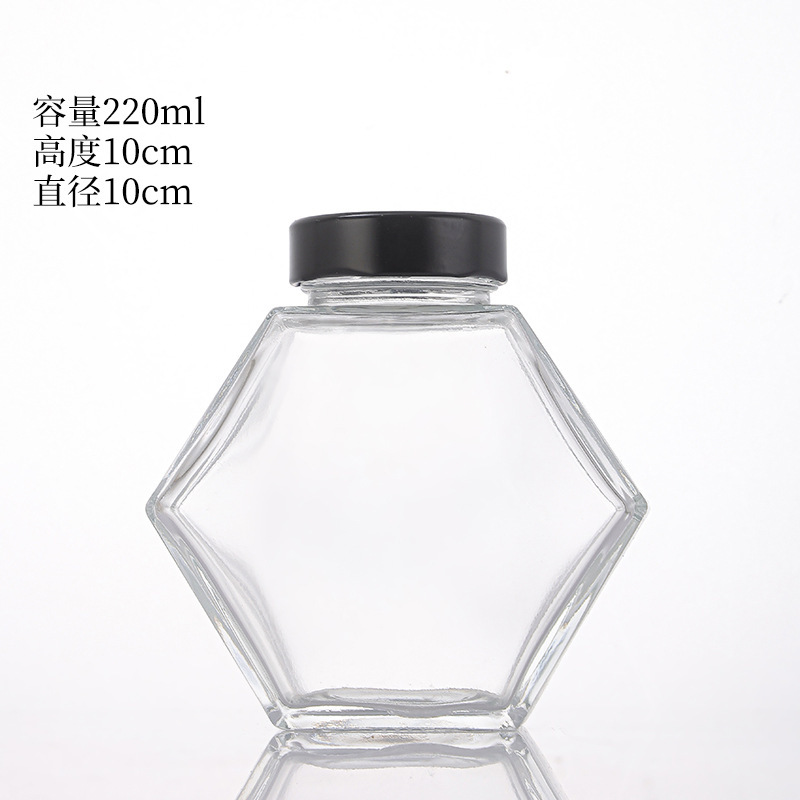 高品質の新しい二重六角形ガラス蜂蜜ボトル撹拌棒天然竹蓋アルミナ蓋ブリキ蜂蜜瓶|undefined