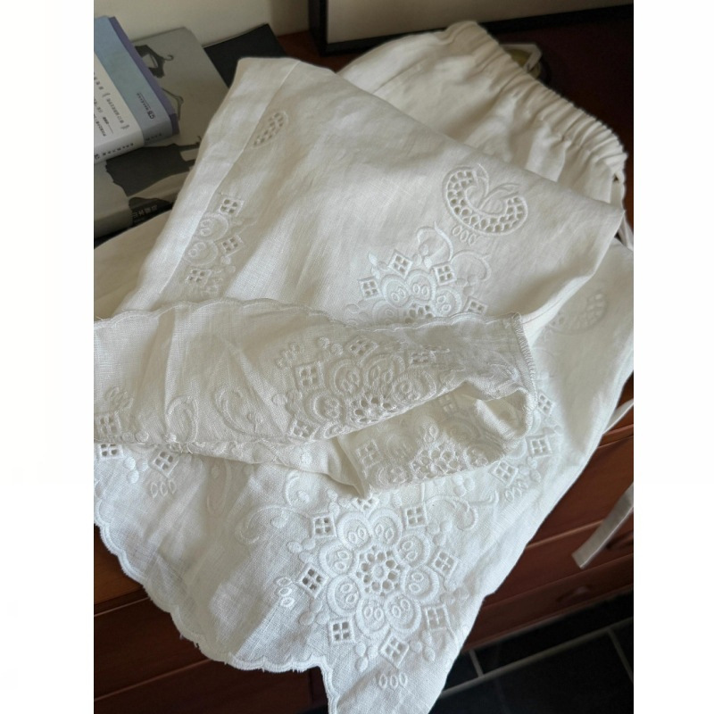 レイジースタイルホワイト中空刺繍リネンワイドレッグパンツ女性用2025新デザイン多用途スリムコットンとリネンパンツ|undefined