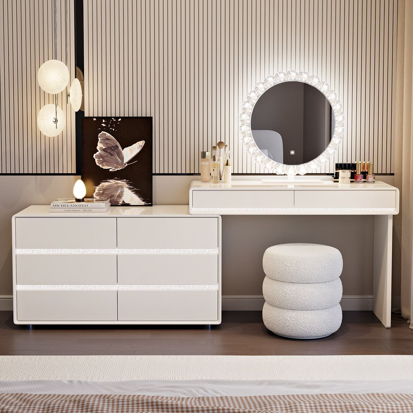 Ambient Light Thickened Solid Wood Corner Dressing Table Cream Style Modern Minimalist Bedroom Slate Makeup Table L-Shaped
