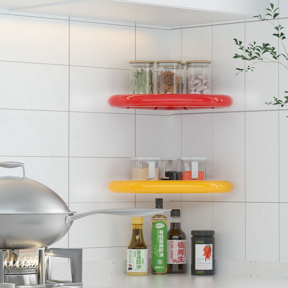 ドーパミンカラーの穴あけ不要多機能キッチン収納ラック、壁掛け式穴あけ不要リビング/バスルーム三角ラック