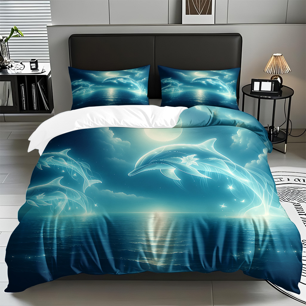 TEMU / JIT Amazonas transfronterizo varios animales marinos patrón 3D impresión digital colcha colchón kit de almohada