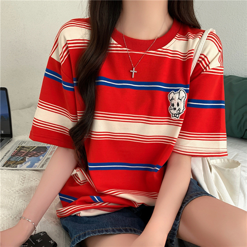 美式复古红色条纹宽松上衣遮肚子显瘦欧货刺绣正肩短袖t恤女夏季|undefined