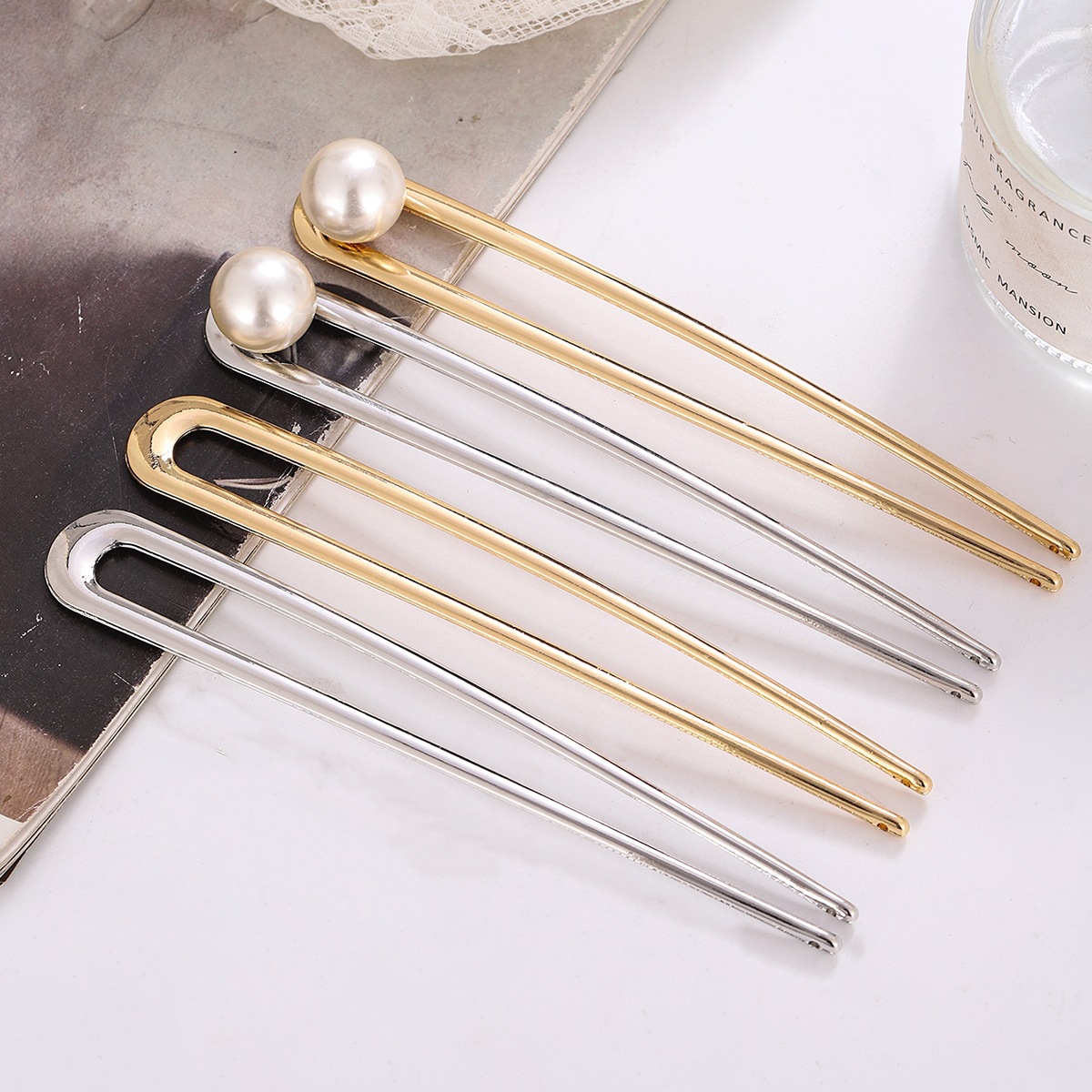 Venta caliente transfronteriza suministro de horquilla en forma de U Hanfu estilo antiguo palillos aleación incrustaciones perla horquilla accesorios para el cabello tenedor para el cabello al por mayor