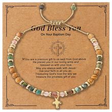 信仰十字架手链金色隔片菱形珠串珠宗教礼物天然石金色十字架手链