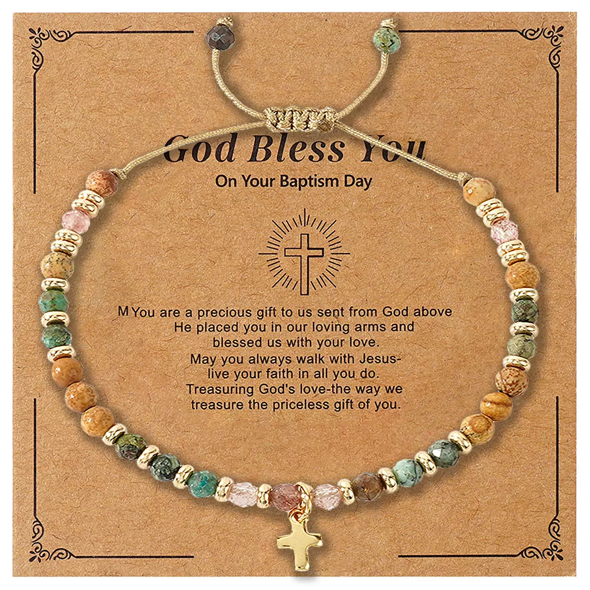 信仰十字架手链金色隔片菱形珠串珠宗教礼物天然石金色十字架手链