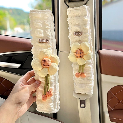 Car Seatbelt Shoulder Pads, Universal for All Seasons, Anti-Neck Strangulation, Cartoon Cute, High-End Car Interior Protection, Anti-Wear Clothing for Women (Seat belt shoulder pad) - light-color-sunflower-puff-shoulder-pads-30cm-pair