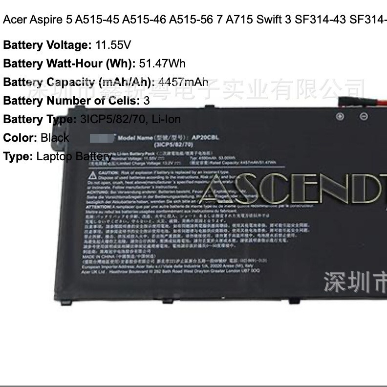 Suitable for Acer Ap20Cbl, Swift Sf314 R5-5500U N19Q8 Computer Notebook Battery