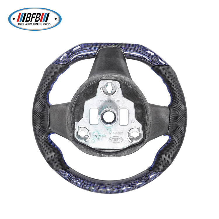 100% Real Carbon Fiber Blue Glossy Black Perforated Steering Wheel Cover - For Tesla Model 3 Y - Blue Leather Stitching Modification