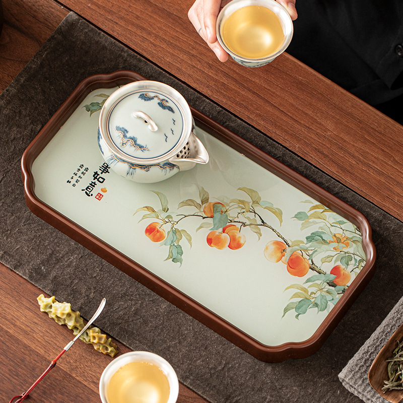 茶托盘茶盘2025新款家用玻璃小型茶具干泡台柿柿如意长方形茶盘|undefined