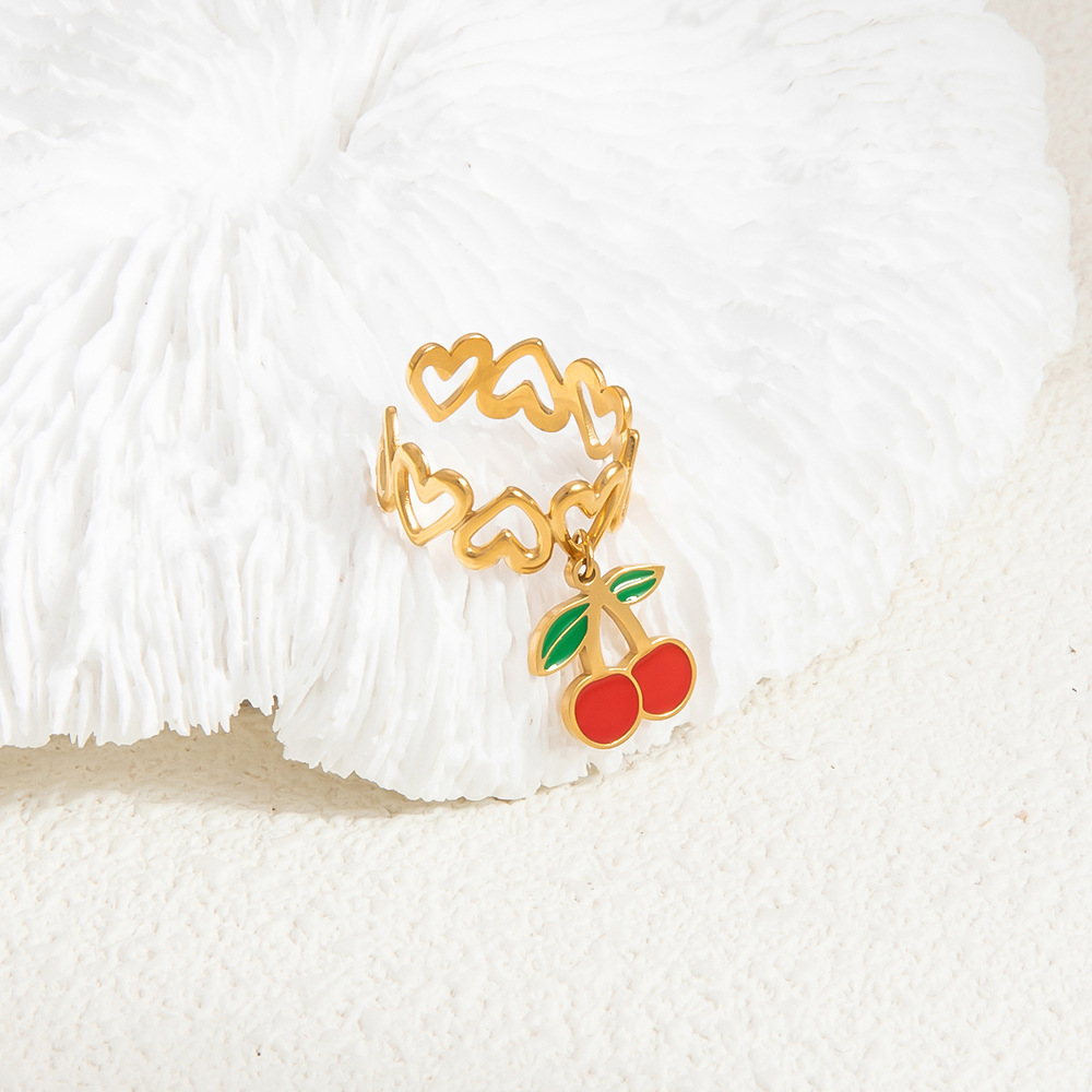 6g Weight Open Rings Classification Adjustable Ring Size 1 Piece Quantity Casual, Daily Occasion 304 Stainless Steel Material Fruit, Heart Shape Pattern Women's Gender Enamel, Plating Design Sweet, Simple Style Style Gold Color Sweet Simple Style Fruit Heart Shape 304 Stainless Steel Enamel Plating Women's Open Rings 11