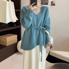 慵懒风系带收腰毛衣女秋冬气质通勤风不规则设计V领中长款针织衫