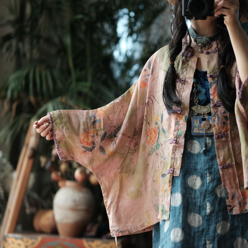Little Mud Girl Chinese Style Retro Washed Ramie Improved Chinese-Style Blouse Sun Protection Long Sleeve Shirt 2061 on the Other Side of the Water