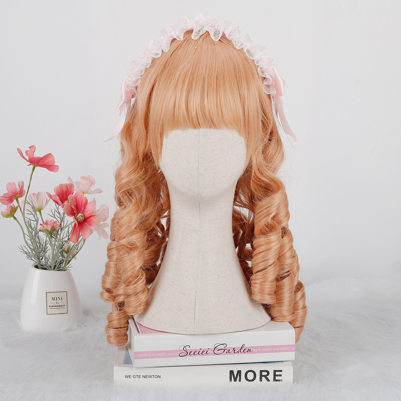 Wig Female Full Headgear Lolita Gorgeous Retro Roman Curly Long Hair Doll-Like Romantic Light Orange Full Headgear