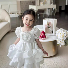 廠家女童連衣裙亮片愛心泡泡袖荷葉花邊蛋糕裙蓬蓬公主裙禮裙生日