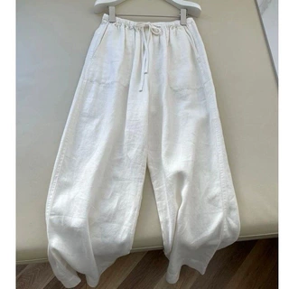 白色仿棉麻直筒阔腿裤女夏日系显瘦舒适松紧高腰棉麻休闲长裤子