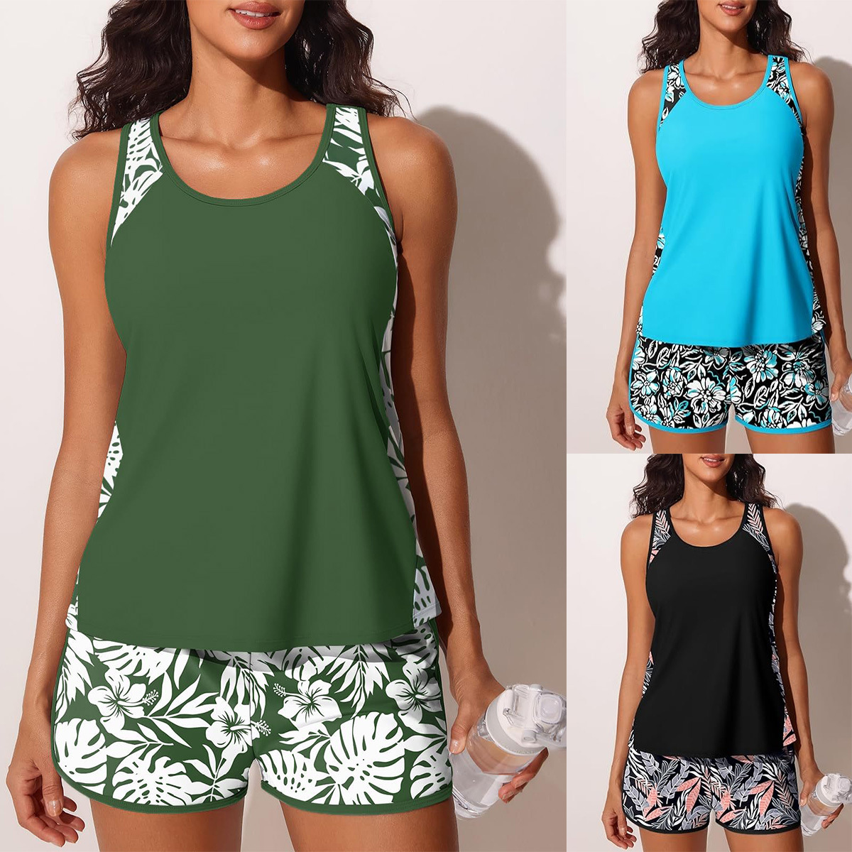 Women's plus Size Printed Tank Top And Shorts Bikini Set European American Cross Border Style Swimwear_voghion.com