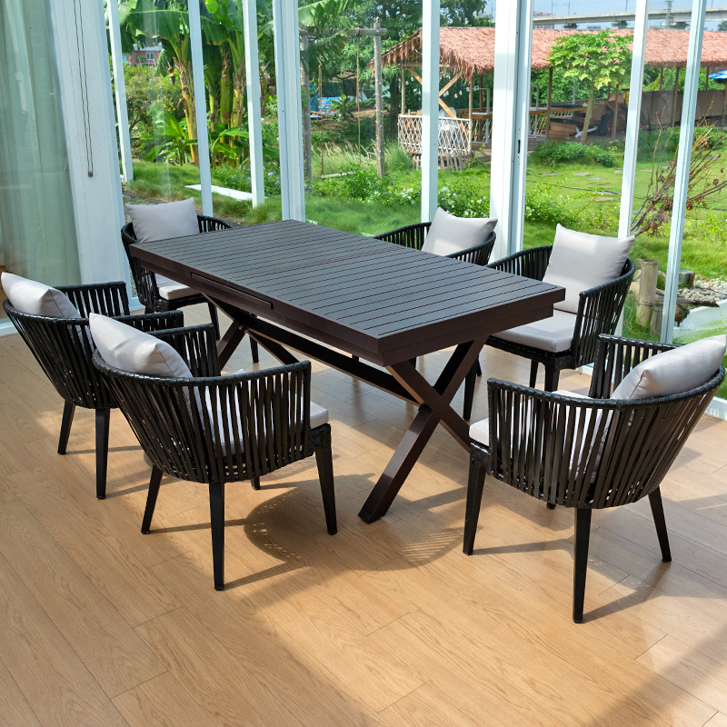 Al Aire Libre mesa y silla patio Villa jardín mesa y silla Ocio al aire libre balcón Silla de ratán combinación de madera de plástico al aire libre mesa y silla de ratán