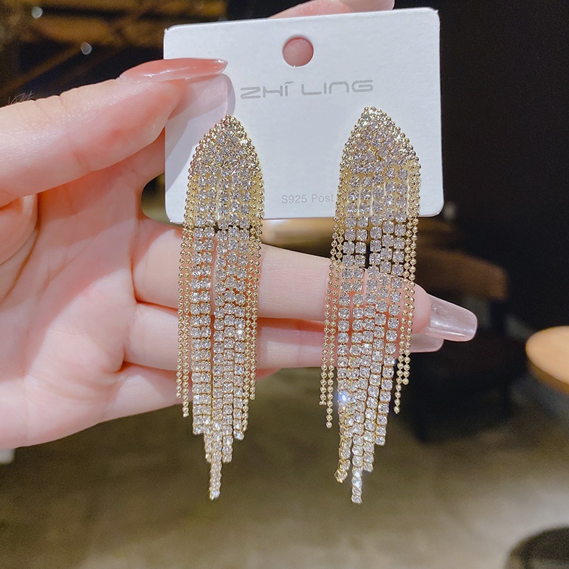s925 silver needle new product full diamond geometric triangle earrings long exaggerated tassel earrings internet celebrity trendy personalized earrings for women