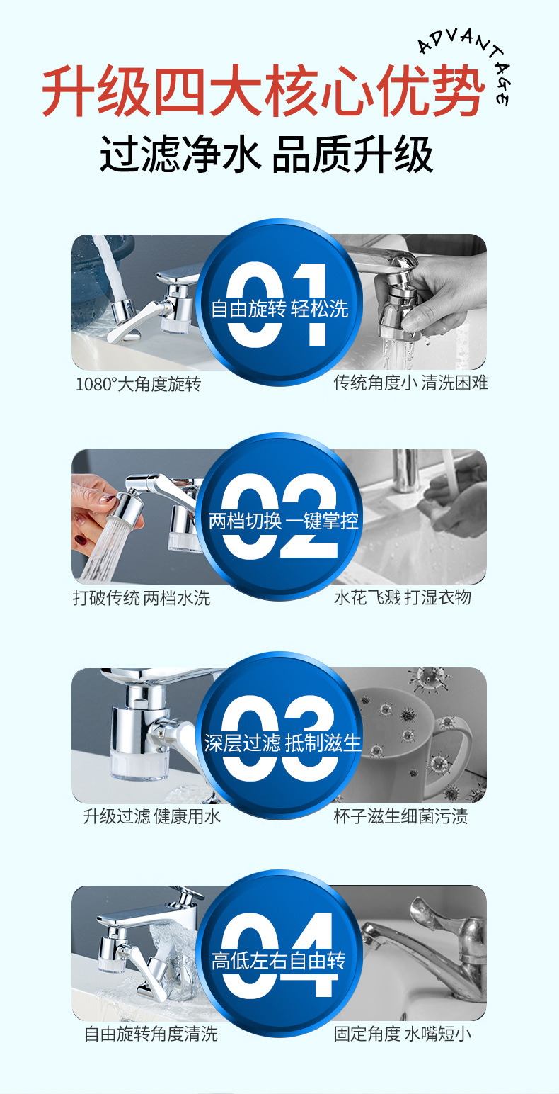 Filter faucet mechanical arm, household splash-proof tap, bathroom water purifier, universal extension bubble maker details Picture