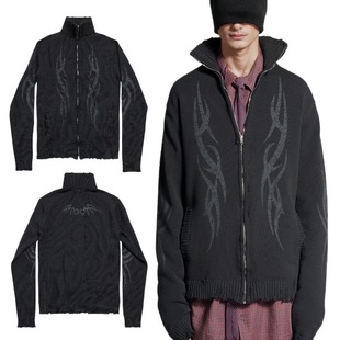 Autumn and Winter Thorn Totem Distressed Hole Warm Men's and Women's Zipper Turtleneck Knitwear Jacket Woolen Knitwear