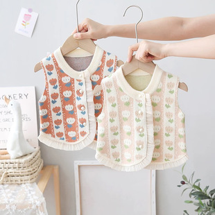 2025 Spring and Autumn Children's Vest Knitted Sweater Girls' Style Vest Infant V-Neck Infant Style Baby