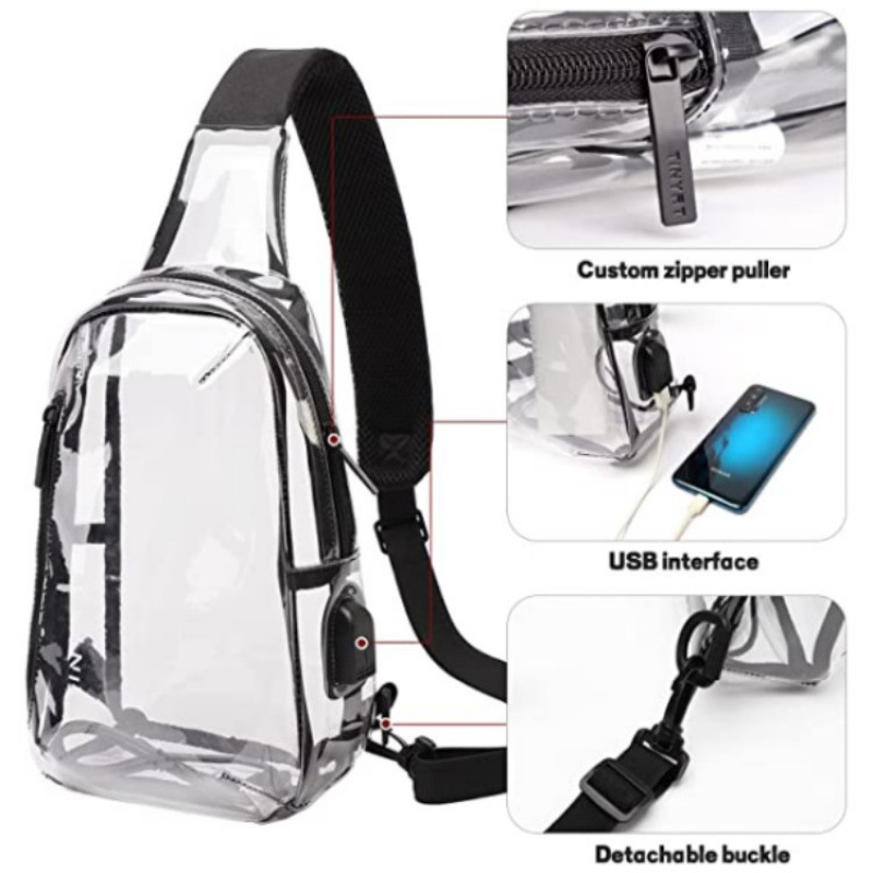 Inventario transfronterizo al por mayor de gran capacidad transparente bolsa de pecho de carga USB transparente para mujeres y hombres bolso de hombro casual