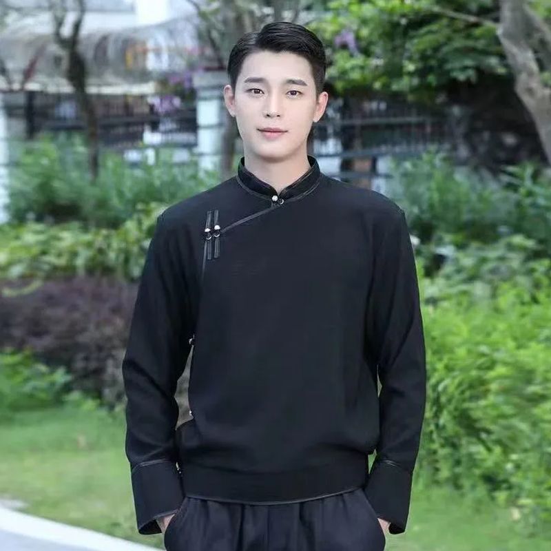 Northern China Mongolian Ethnic Clothing Men's Sweatshirt with Traditional Handmade Button Fastening, Long Sleeves, Popular Online, Featuring Mongolian Elements Northern China Mongolian Ethnic Clothing Men's Sweatshirt with Traditional Handmade Button Fastening, Long Sleeves, Popular Online, Featuring Mongolian Elements