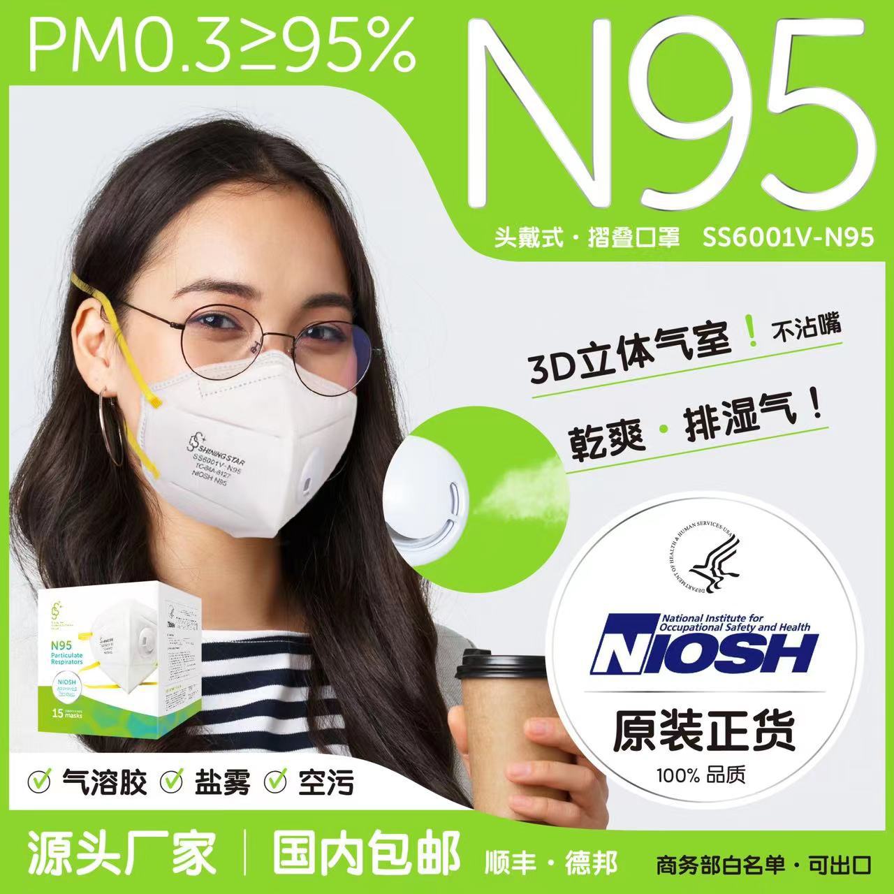 醍筠SS6001VN95头戴式 NIOSH标准N95口罩带阀折叠防尘防雾霾颗粒