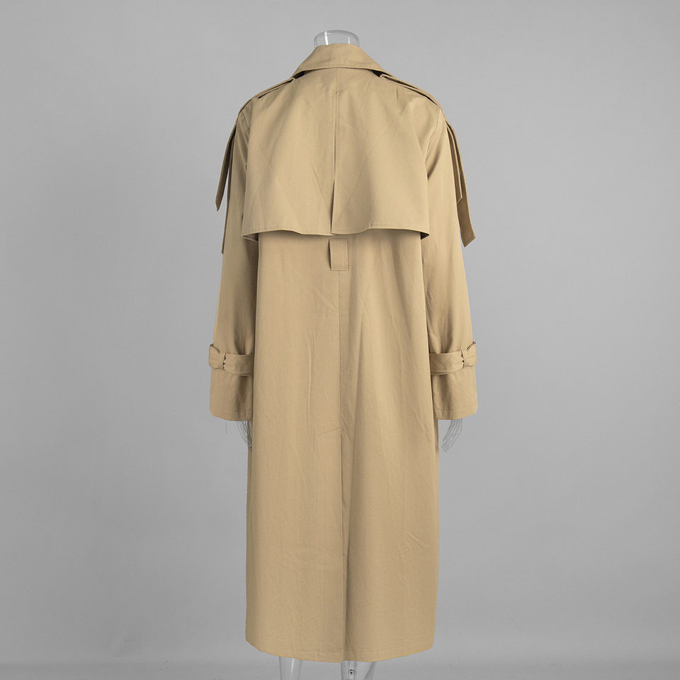 Áo khoác trench coat nữ dáng dài phong cách Âu Mỹ, chất liệu cotton, form rộng có dây thắt eo — Màu kaki, màu xám chi tiết 12