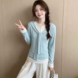 韩系纯欲风甜辣妹假两件系带长袖t恤女早秋新款修身上衣百搭打底
