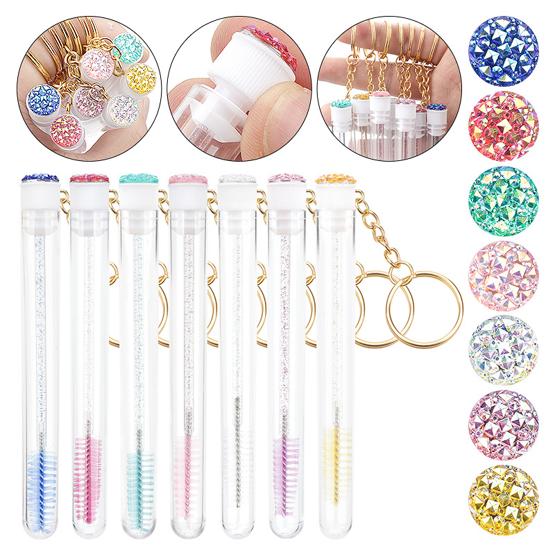 Customized transparent tube eyelash brush with gold buckle and diamonds, crystal handle eyelash brush, disposable eyelash extension and eyebrow curling brush